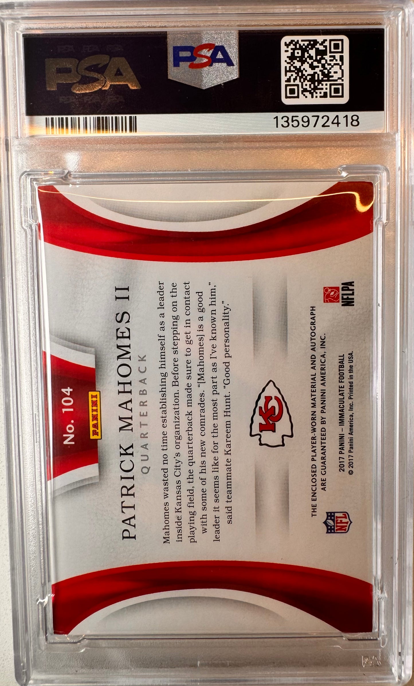 Patrick Mahomes 2017 Immaculate Gold RPA /25
