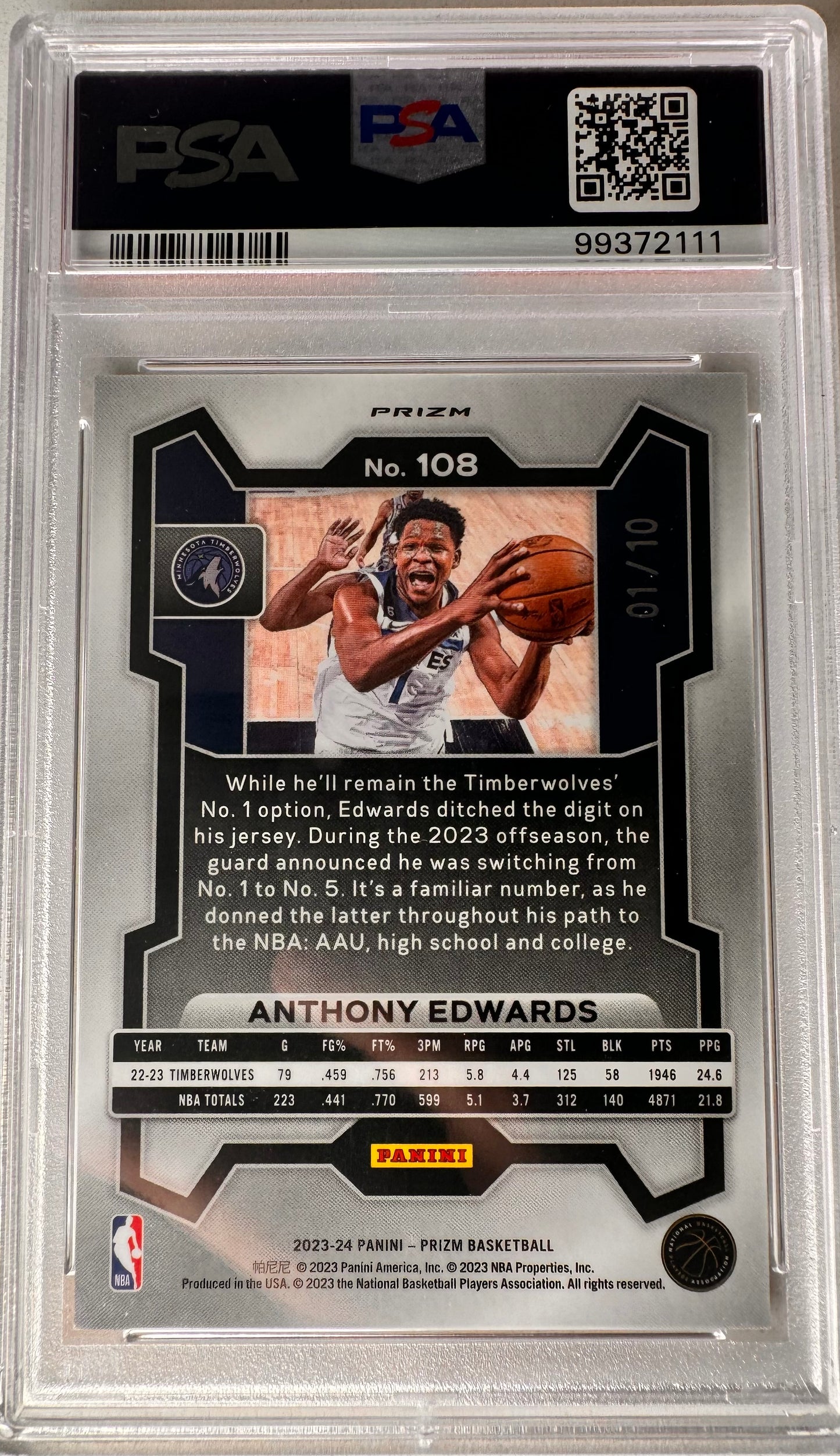 Anthony Edwards 2023 True Gold Prizm Jersey #1/10 PSA 9