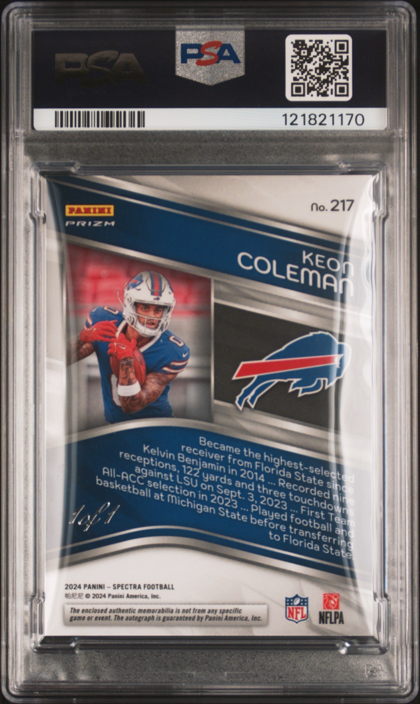 Keon Coleman 2024 Spectra Gold 1/1 Rookie Patch Auto PSA 9