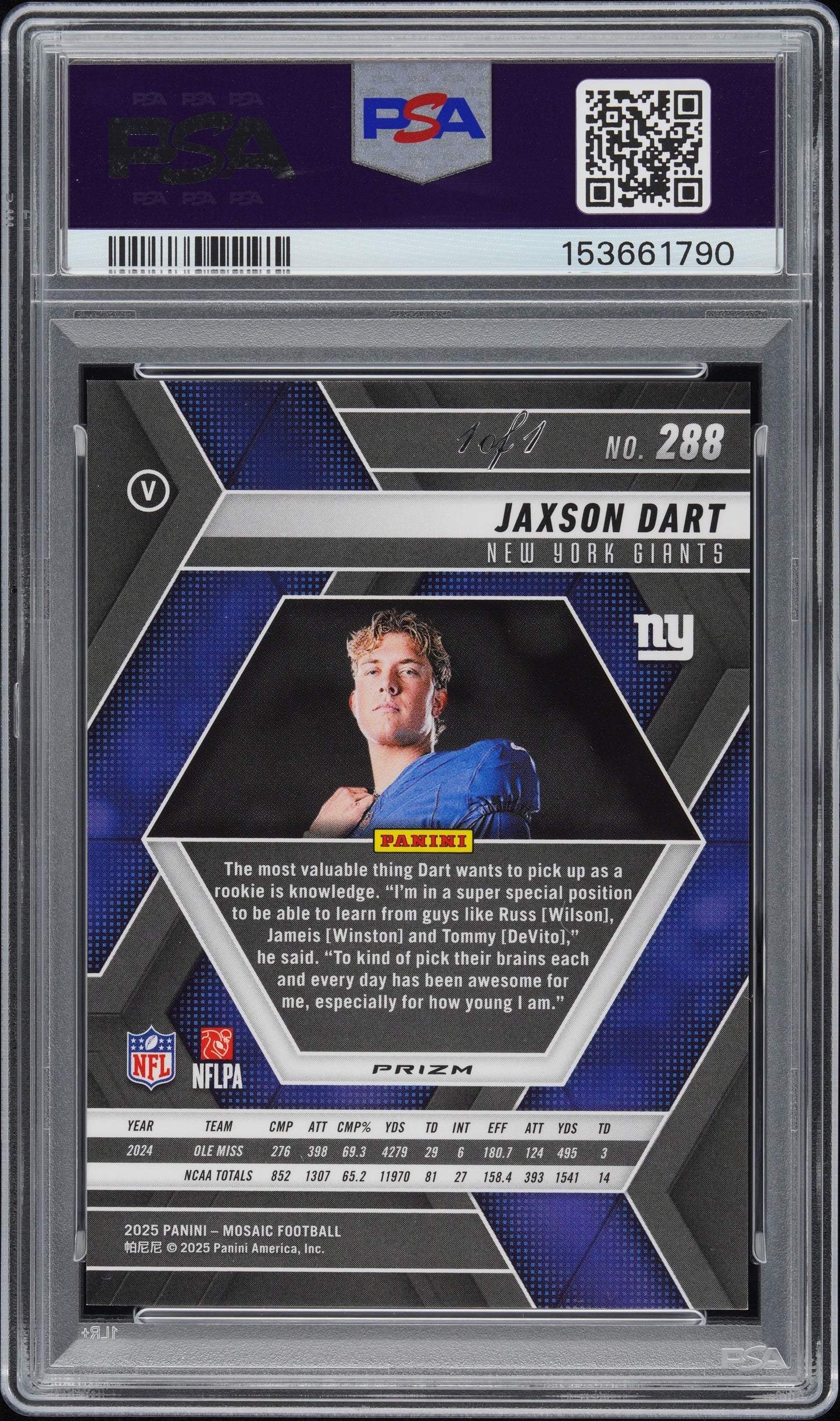 Jaxson Dart Mosaic Black 1/1 PSA 10 Rookie
