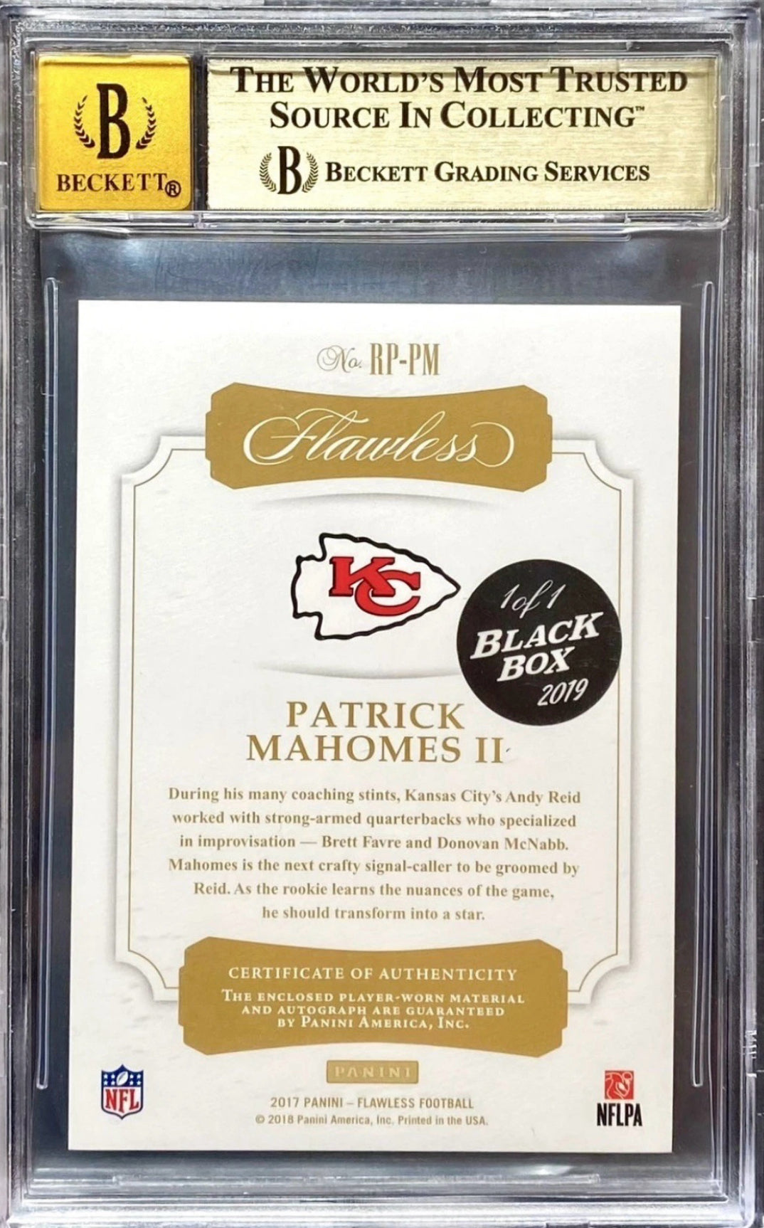 Patrick Mahomes 2017 Flawless Patch Black Box 1/1 Patch Auto BGS 9.5