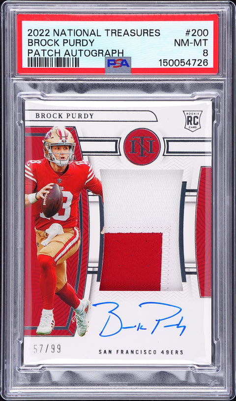 Brock Purdy 2022 National Treasures /99 Rookie Patch Auto PSA 8 — for sale at Sports Card Invest