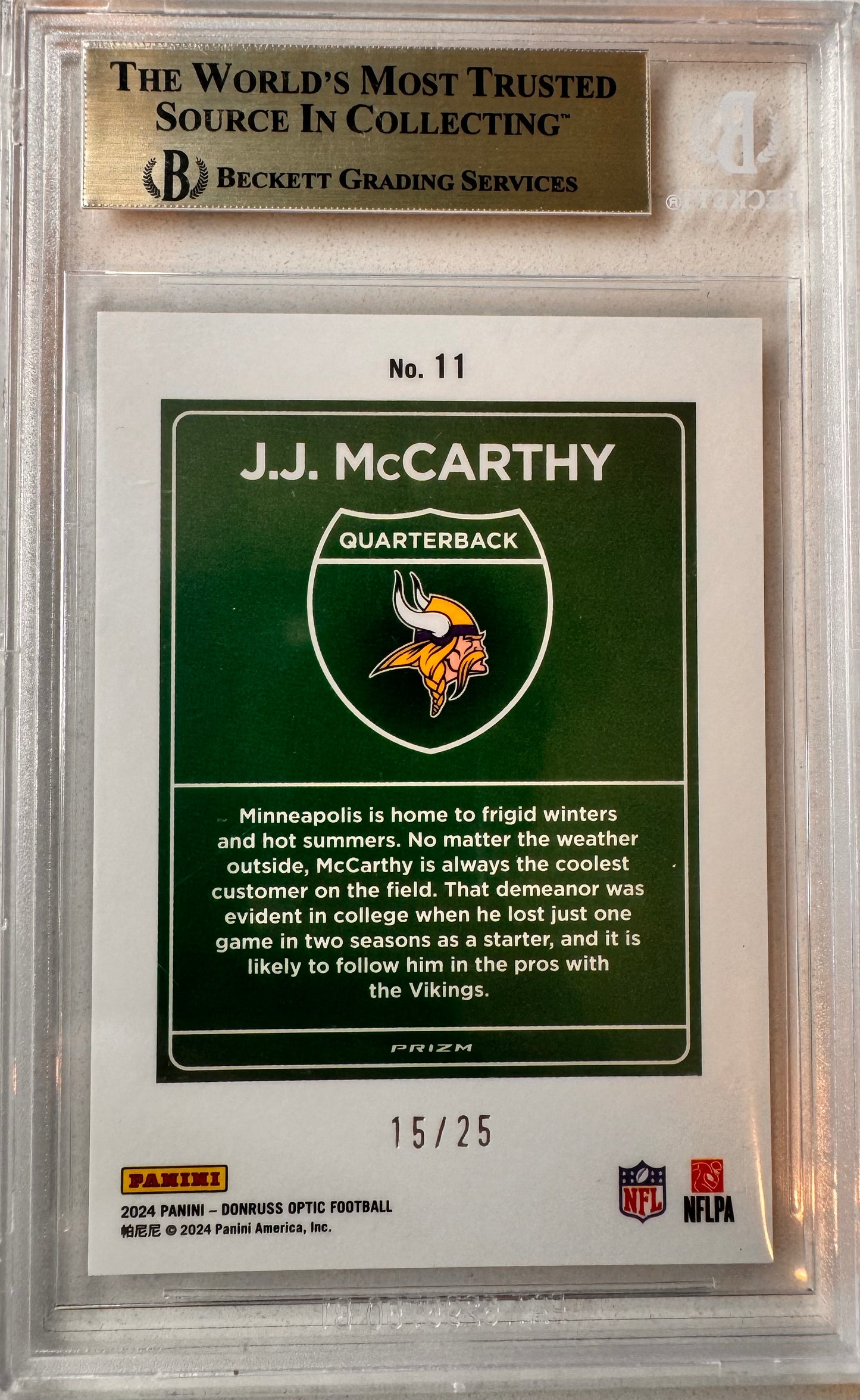 JJ McCarthy 2024 Optic Downtown Black Pandora /25 Rookie BGS 9.5