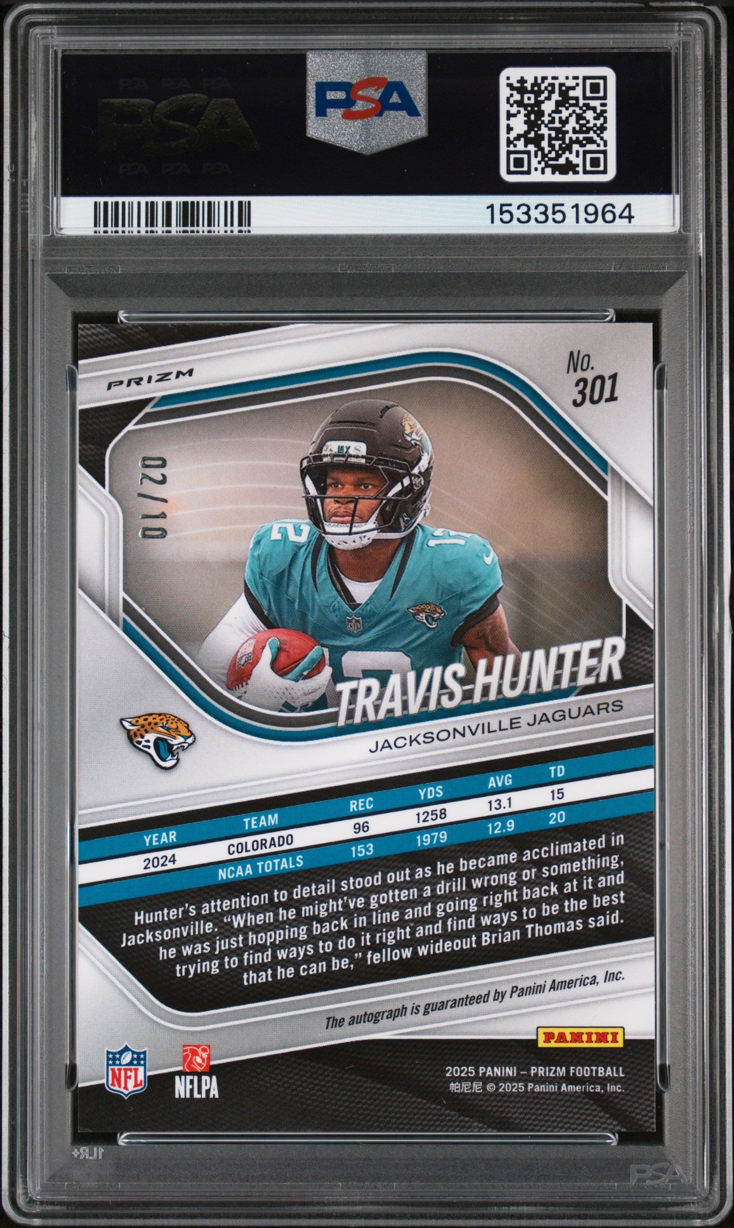 Travis Hunter 2025 Gold Prizm Rookie Auto PSA 10 / Auto 10