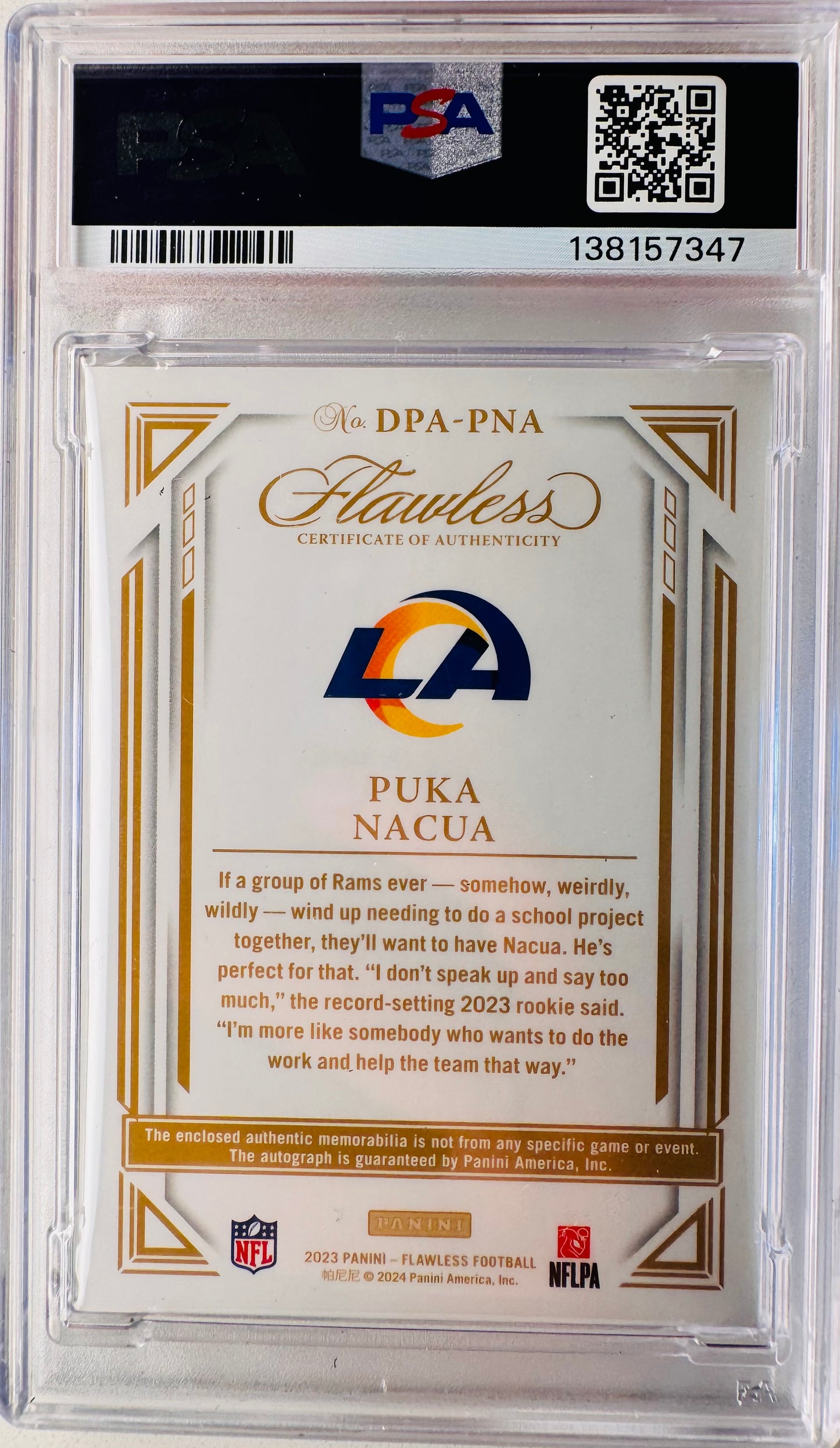 Puka Nacua 2023 Flawless Rookie Dual Patch Auto /20 PSA 9