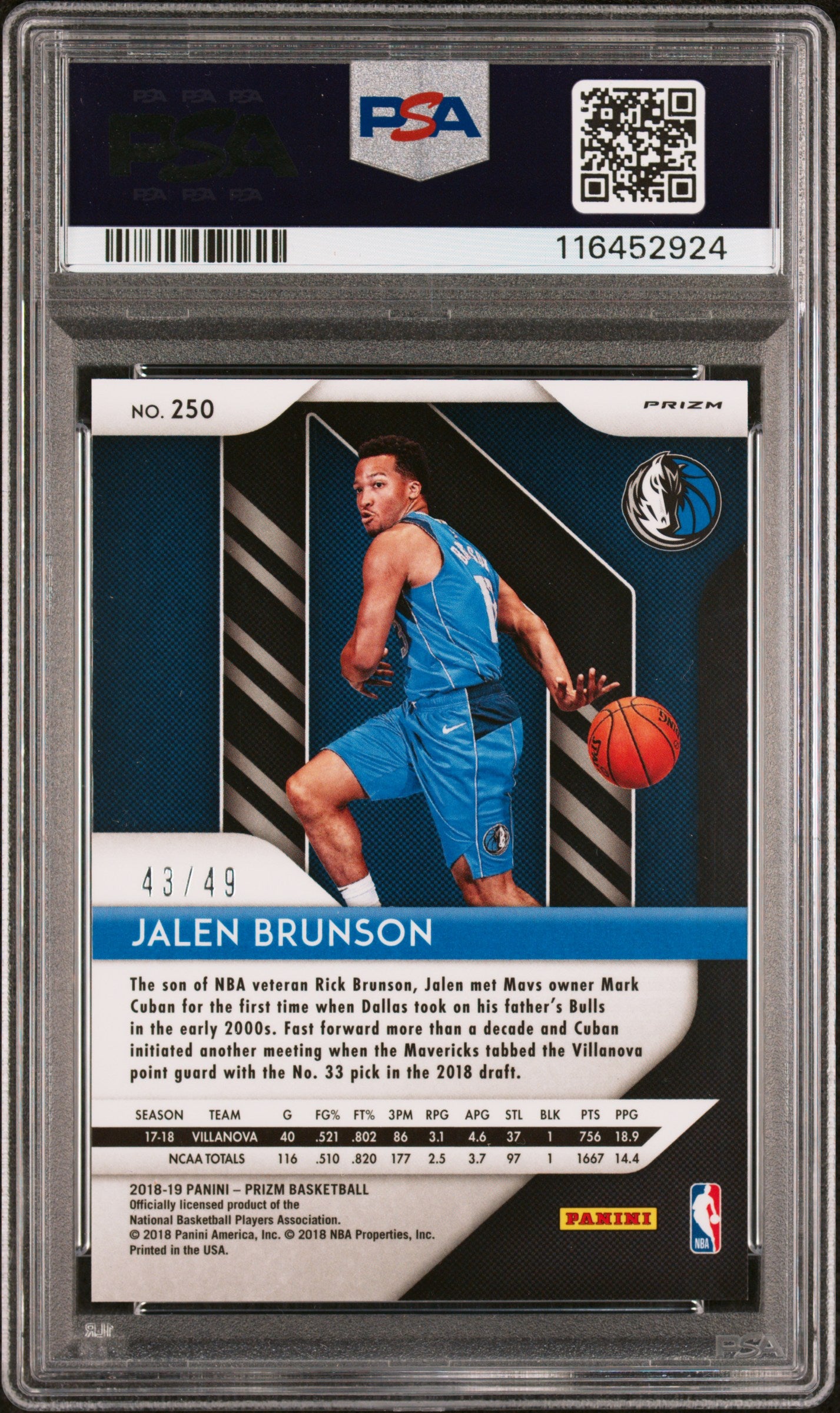 Jalen Brunson 2018 Prizm Rookie Orange /49 PSA 8