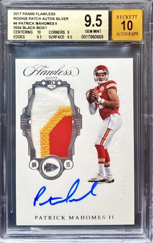 Patrick Mahomes 2017 Flawless Patch Black Box 1/1 Patch Auto BGS 9.5