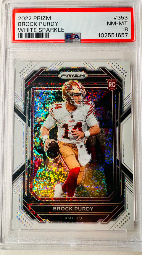Brock Purdy 2022 White Sparkle Prizm Rookie PSA 8 — for sale at Sports Card Invest