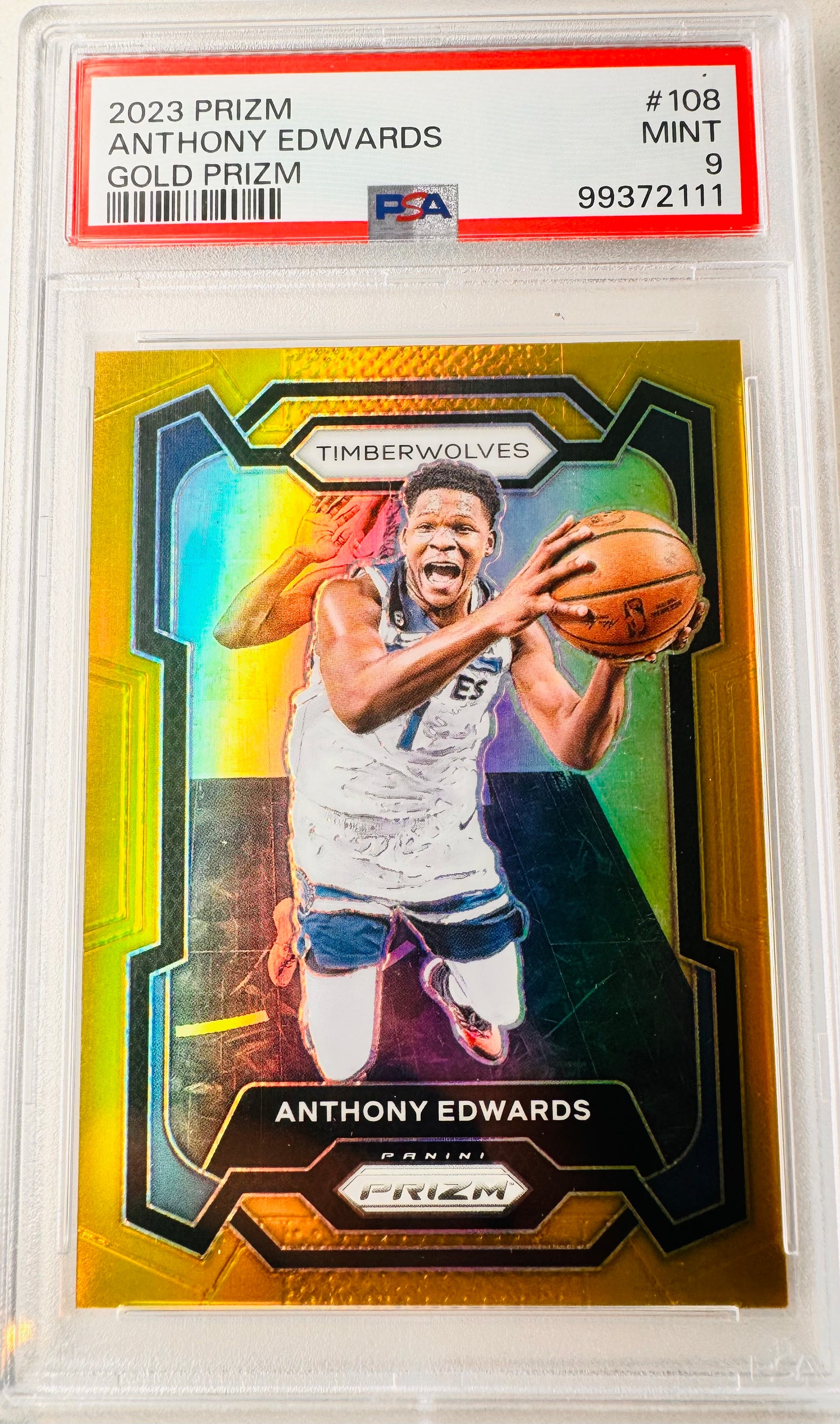 Anthony Edwards 2023 True Gold Prizm Jersey #1/10 PSA 9