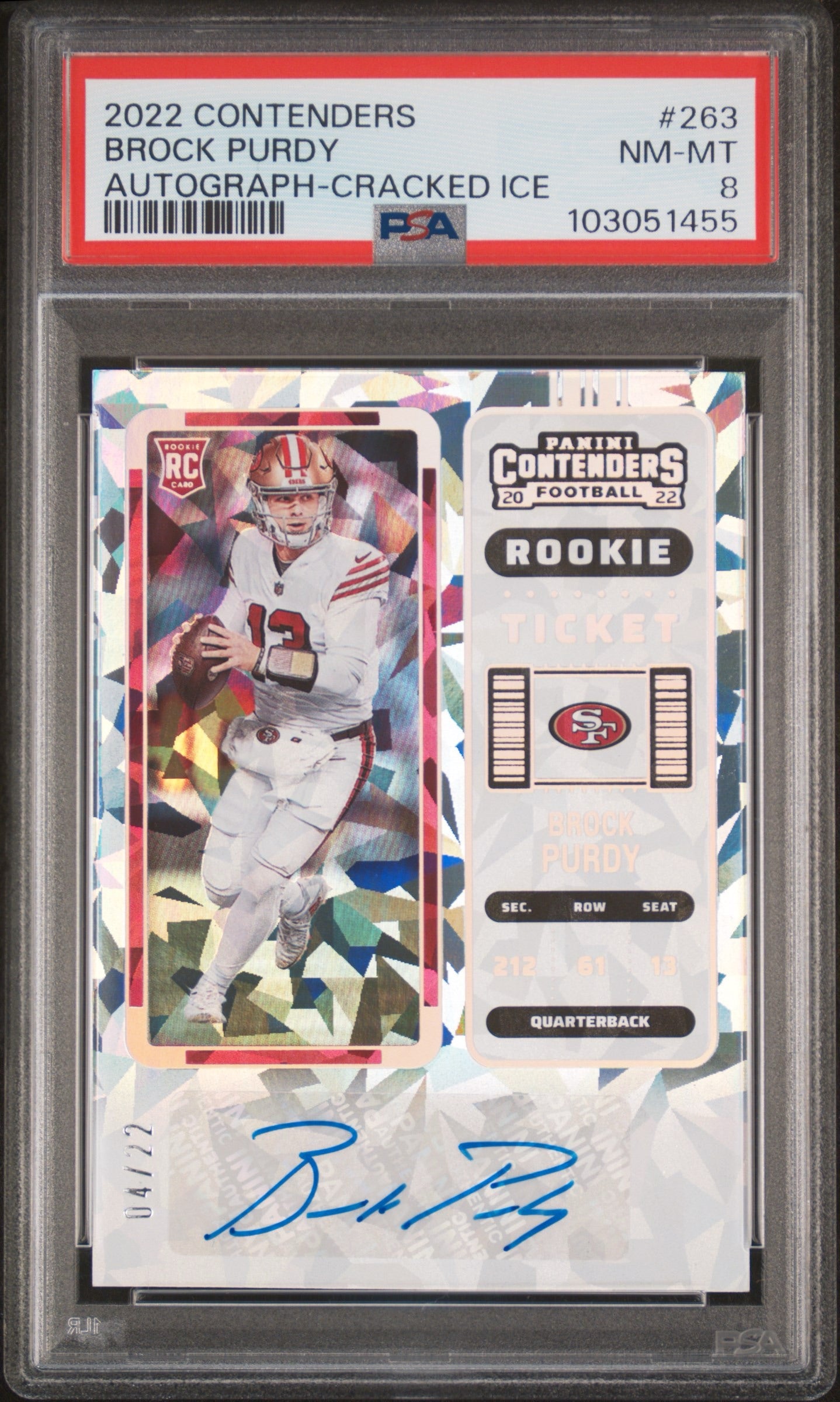 Brock Purdy 2022 Contenders Cracked Ice Rookie Auto /22 PSA 8