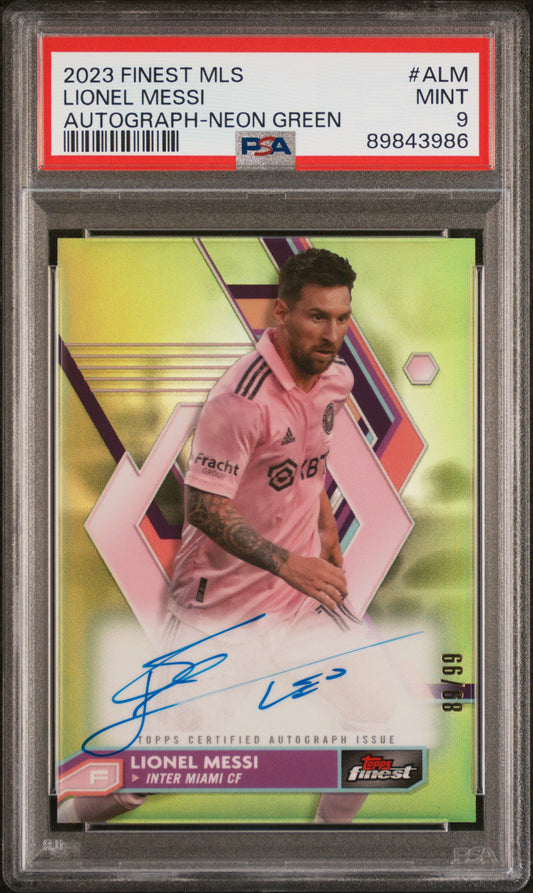 Lionel Messi 2023 Topps Finest MLS Green Auto /99 PSA 9