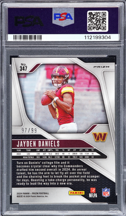 Jayden Daniels 2024 Panini Prizm Blue Ice /99 PSA 8