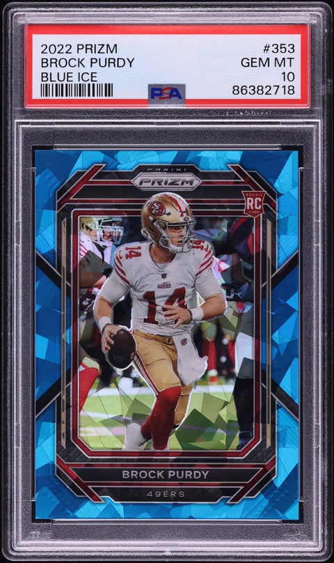 2022 Panini Prizm Blue Ice Brock Purdy ROOKIE JERSEY # 14/99 #353 PSA 10 GEM MINT — for sale at Sports Card Invest