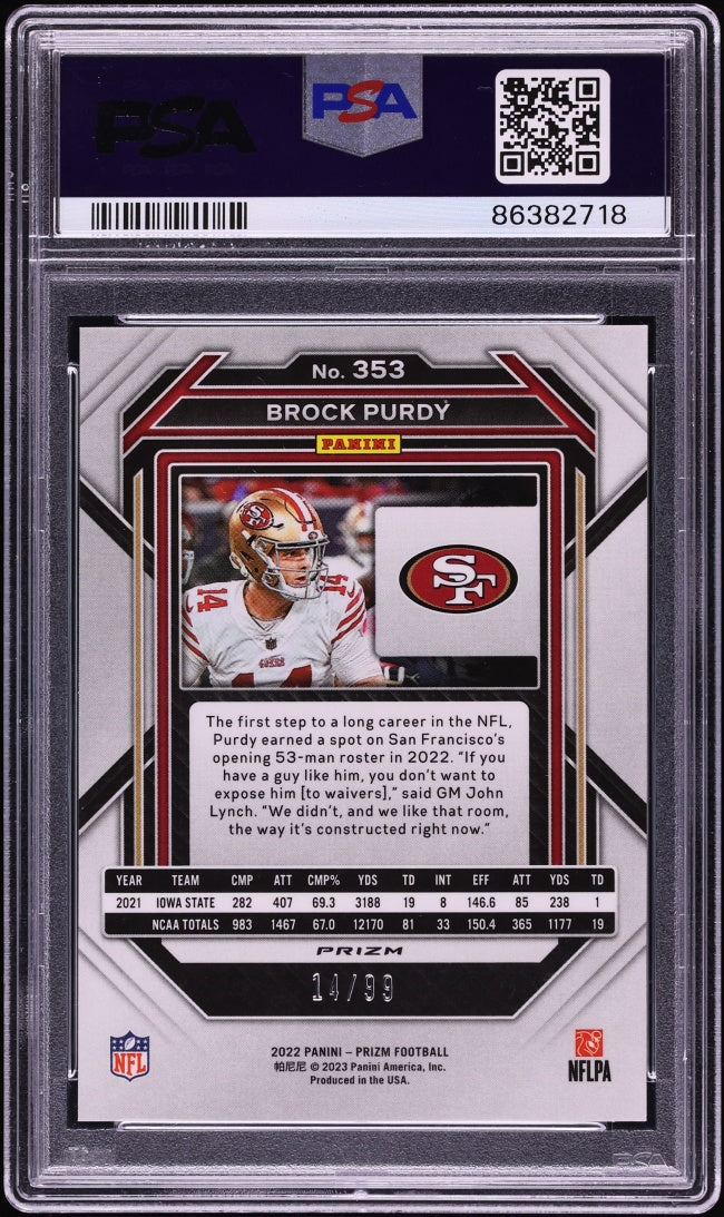 2022 Panini Prizm Blue Ice Brock Purdy ROOKIE JERSEY # 14/99 #353 PSA 10 GEM MINT