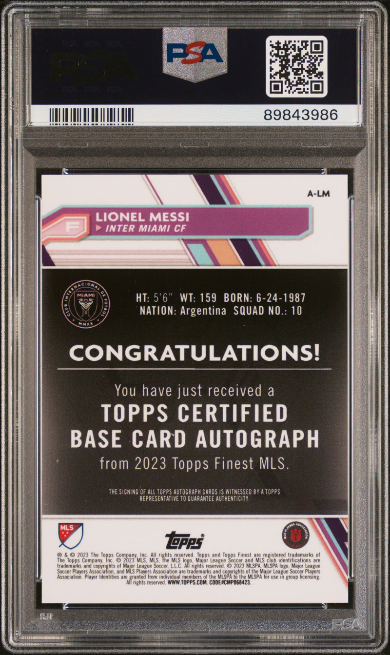 Lionel Messi 2023 Topps Finest MLS Green Auto /99 PSA 9