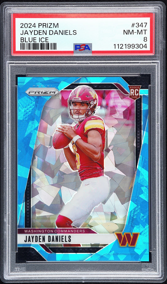 Jayden Daniels 2024 Panini Prizm Blue Ice /99 PSA 8